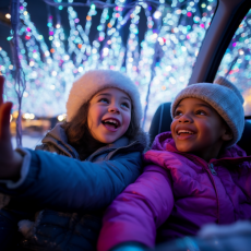 Kids enjoying holiday-light display